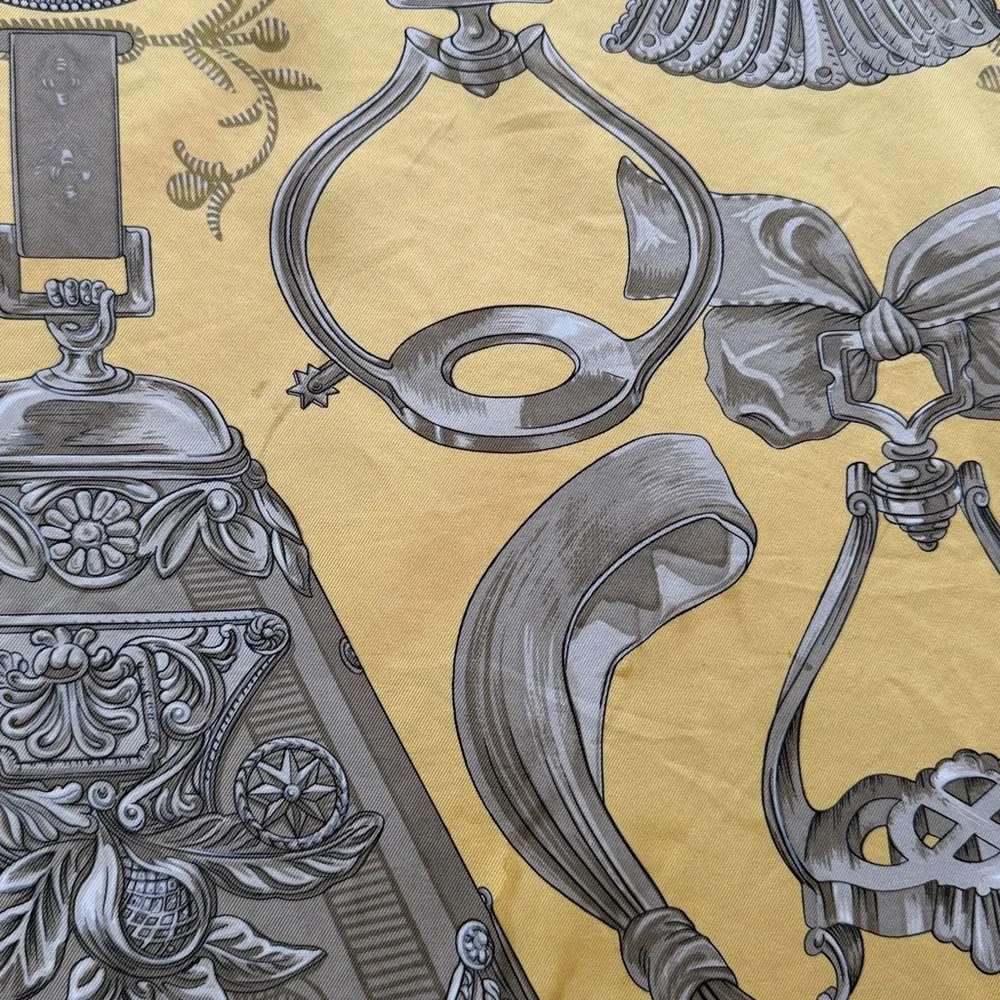Hermes Yellow and Gray Etriers Silk Scarf